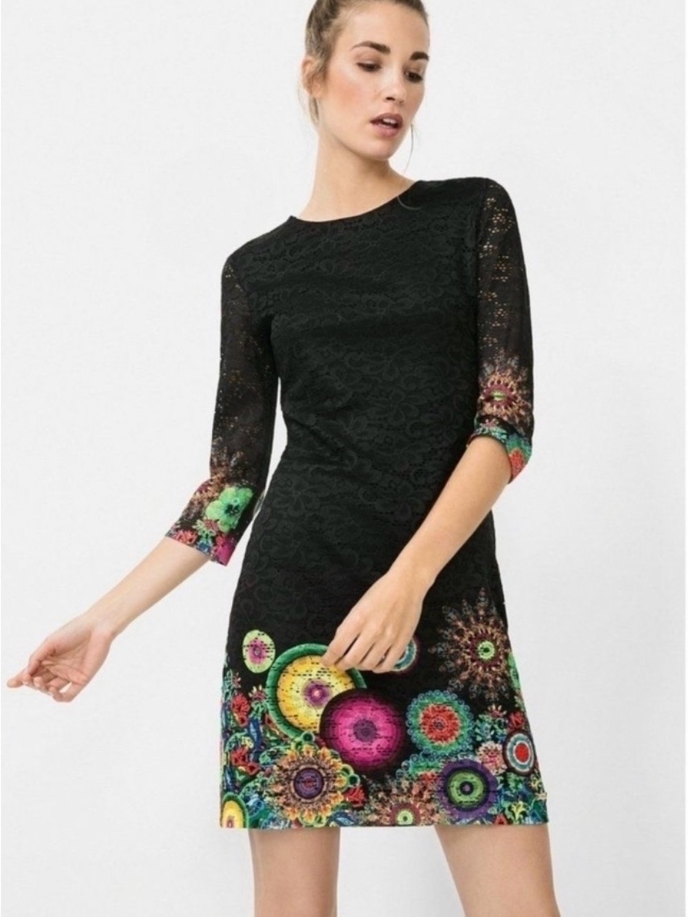 Desigual Black Lace Mini Dress with Multicolor Floral Hem